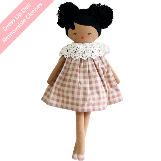 Alimrose Aggie Doll with removable clothes and embroidered face, dressed in a rose checkered dress.