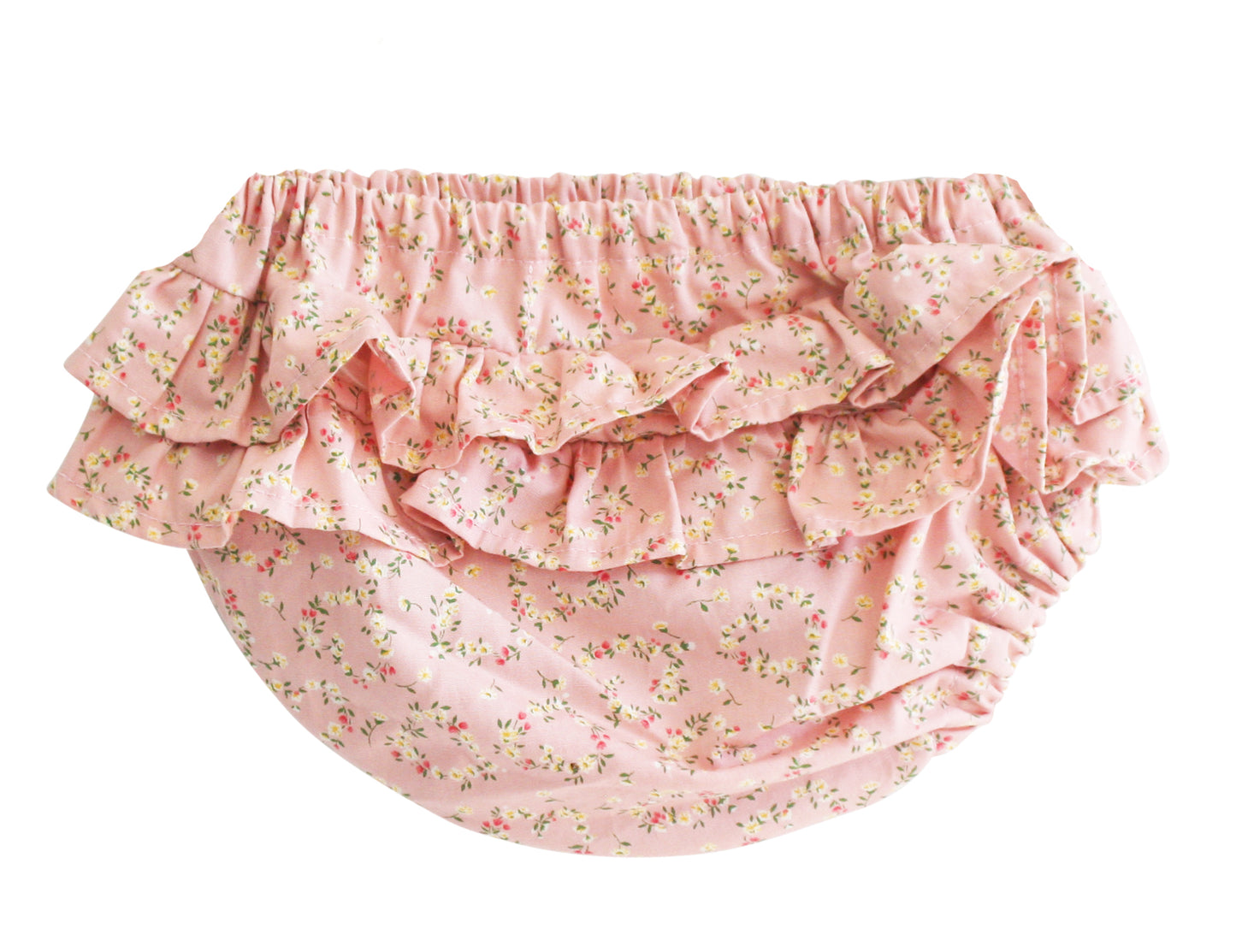 Pink cotton baby bloomers with layered ruffles and a small floral posy heart print.