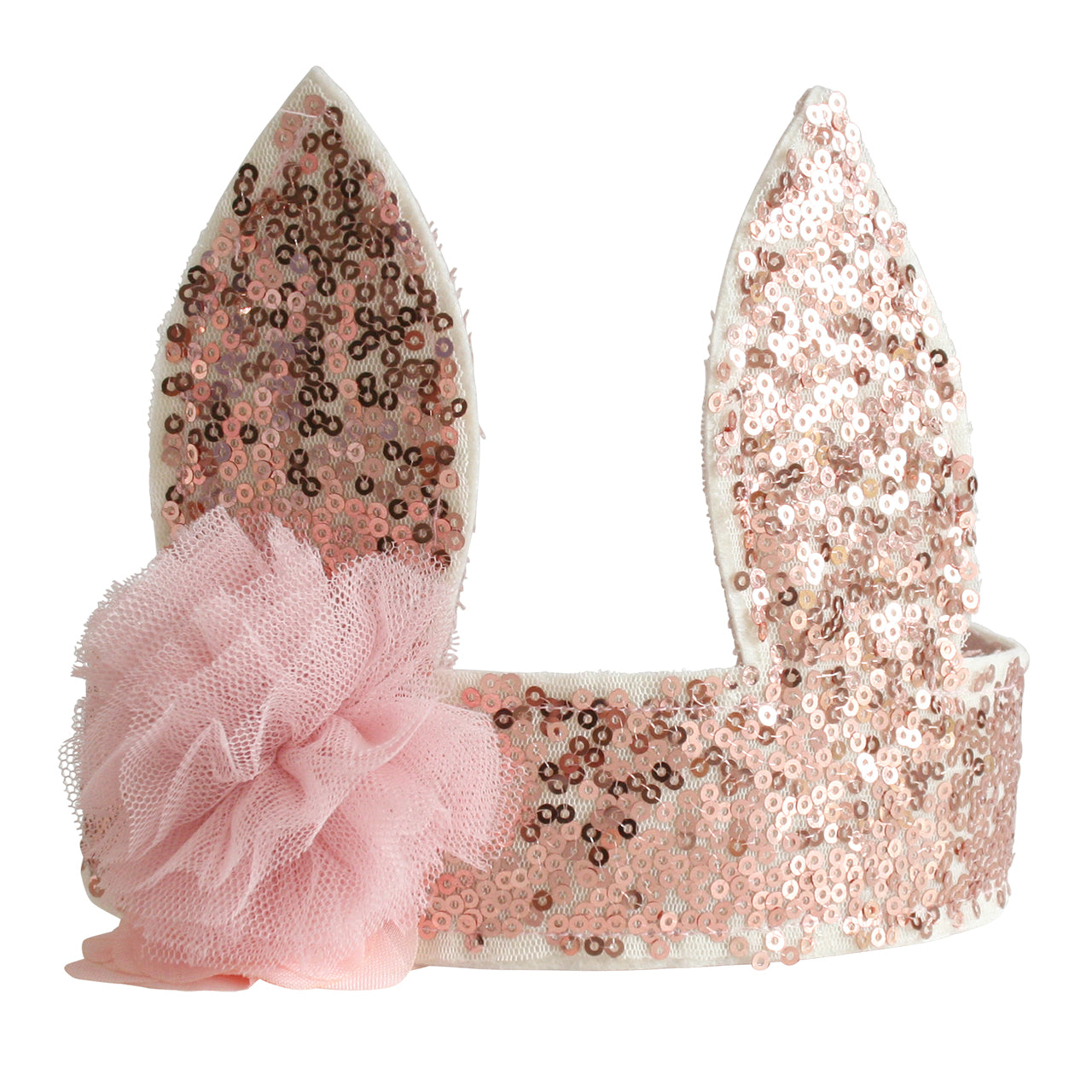 Rose gold sequin bunny crown with adjustable ribbon ties and pink tulle flower, perfect for playtime. Suitable for ages 3 and up.