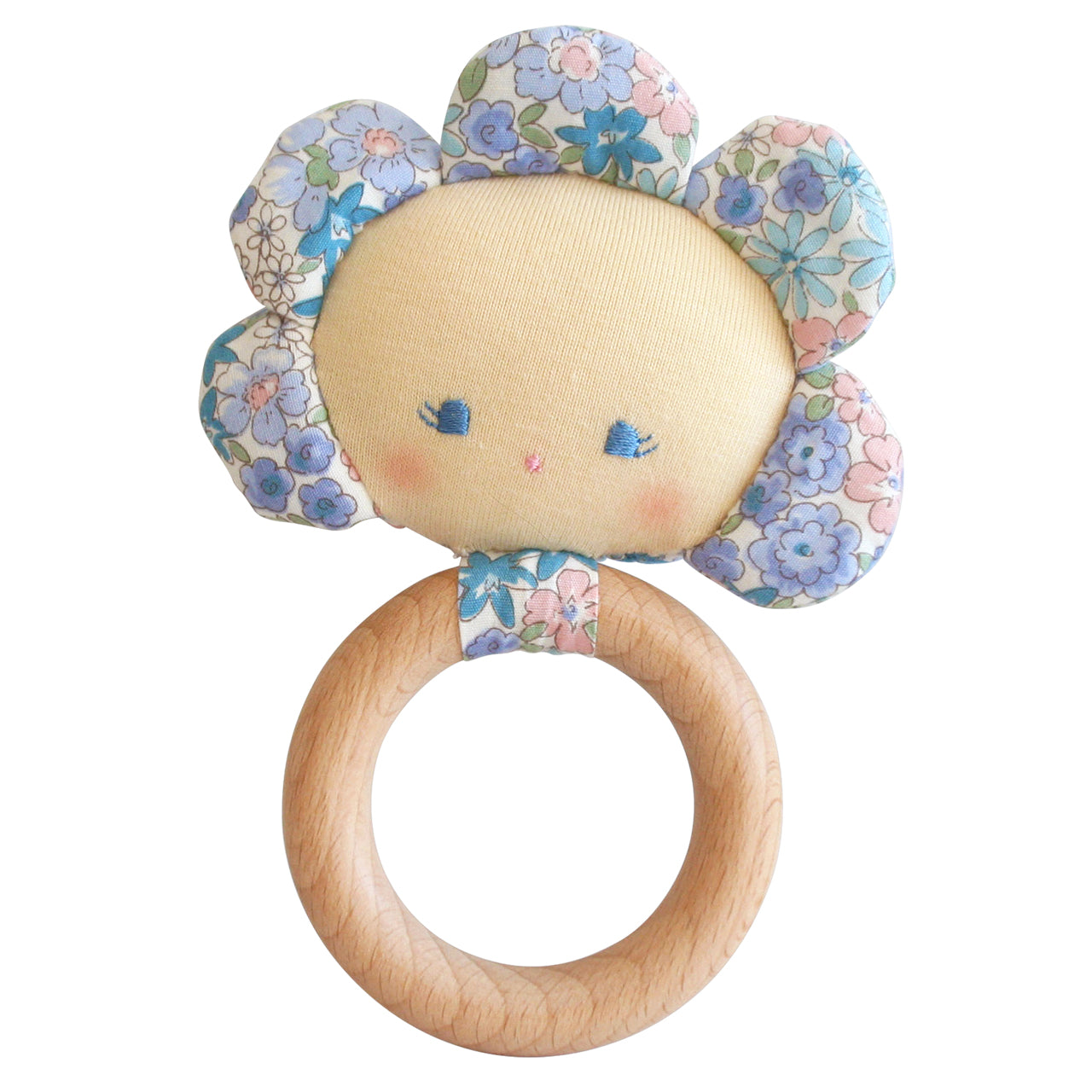 Wooden baby teether rattle with soft fabric flower petals in blue floral pattern and smiling face center.