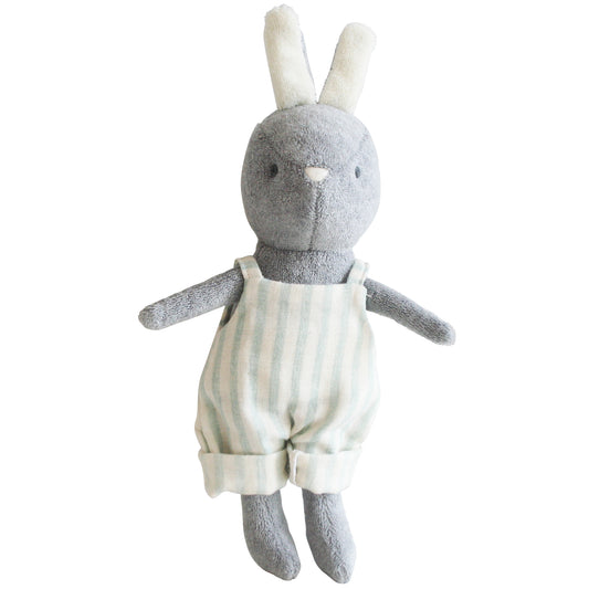 Baby Benny Bunny plush toy in sage striped overalls, soft terry fabric, perfect companion for kids age 3 and up.