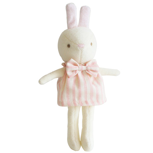 Baby Betsy Bunny 25cm plush toy in pink striped dress, perfect soft companion for kids aged 3 and up.