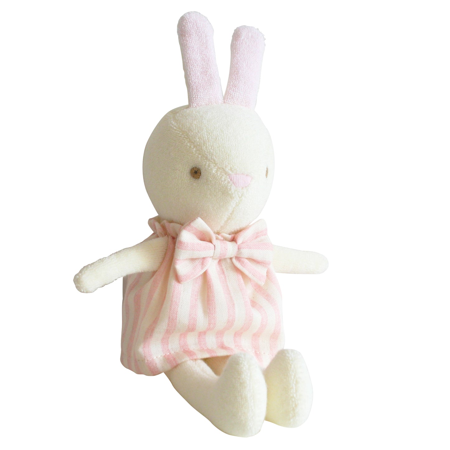 Plush bunny doll in soft cream with pink striped dress and matching bow tie, 25cm tall.