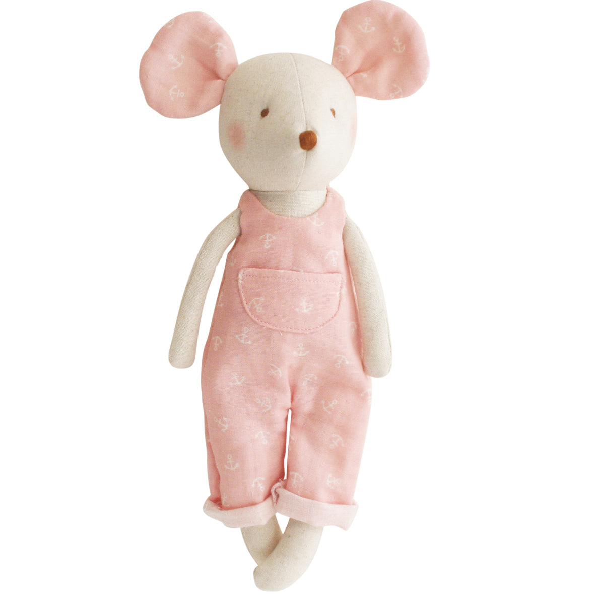 Mabel Mouse 28cm in pink cotton overalls, handcrafted plush toy with embroidered face, perfect for kids.