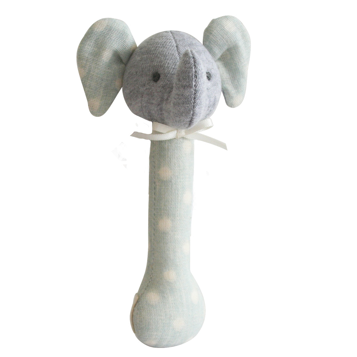 Cute elephant stick rattle in duck egg blue, perfect for tiny hands, safe for mouthing, and creates gentle rattling noise.