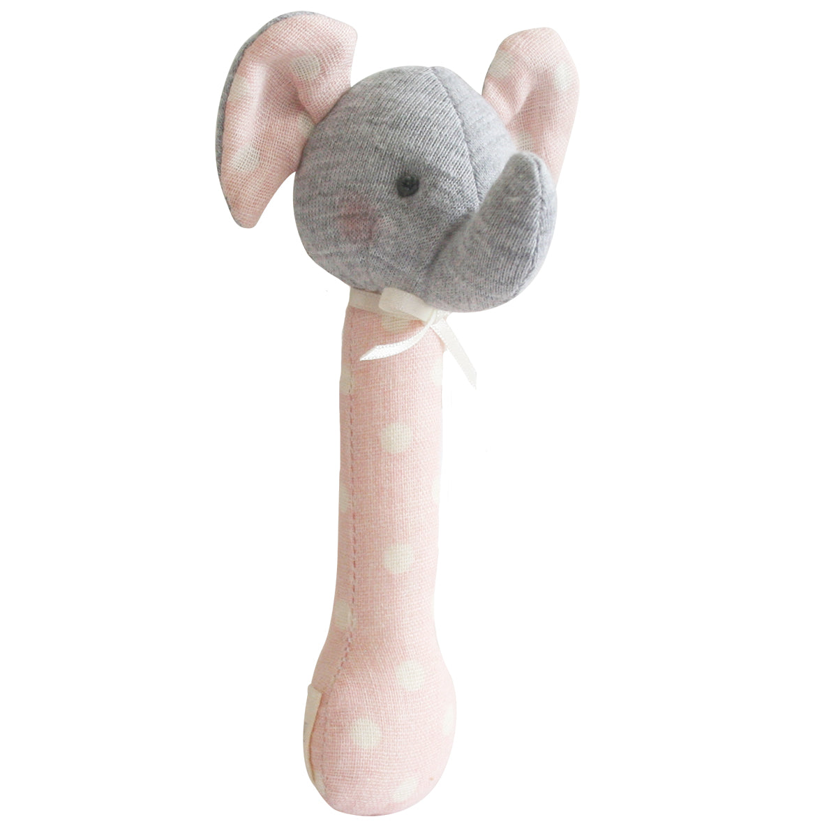 Pale pink elephant stick rattle, lightweight and perfect for tiny hands, safe for mouthing, gentle rattling noise.