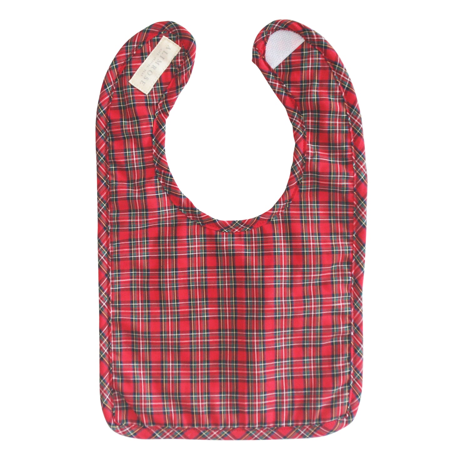 Alimrose Tartan Bib for babies, featuring a stylish red plaid design, crafted from soft cotton with absorbent backing.