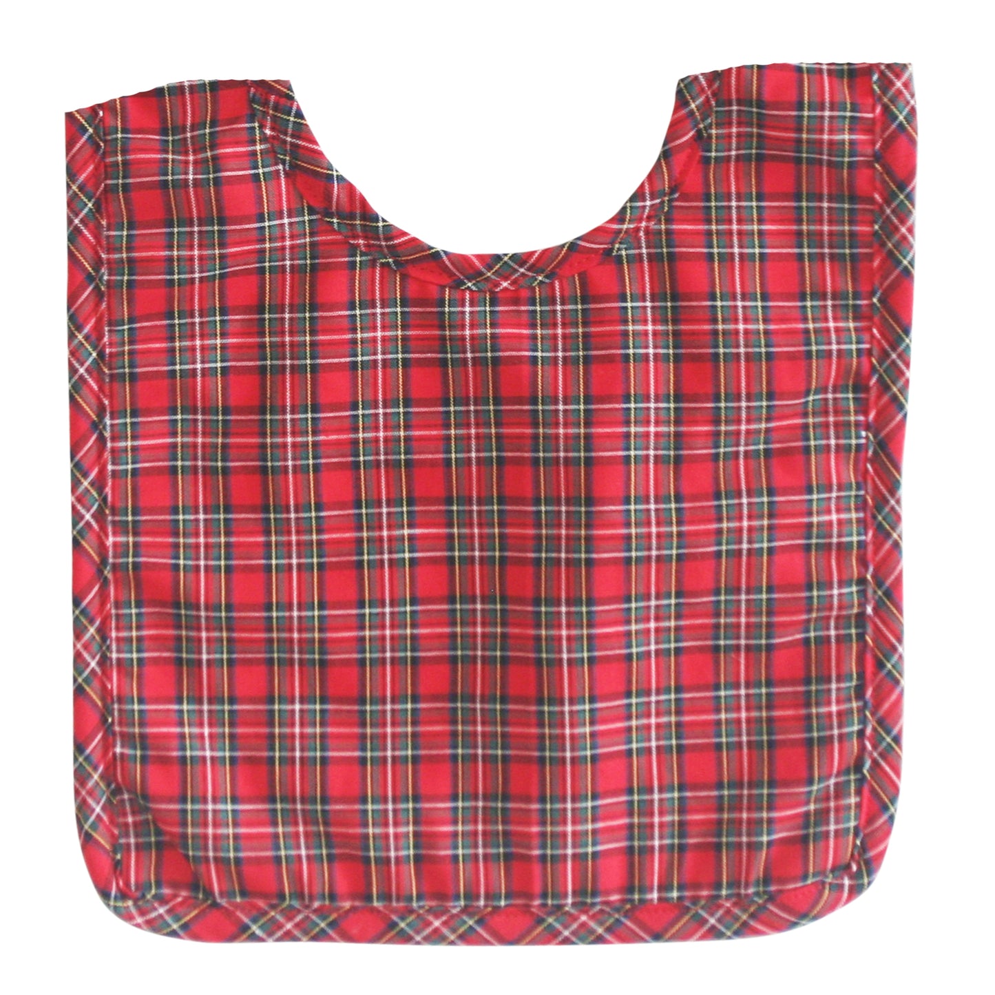 Alimrose Tartan Bib in red and green plaid pattern, designed for stylish and practical baby mealtimes.
