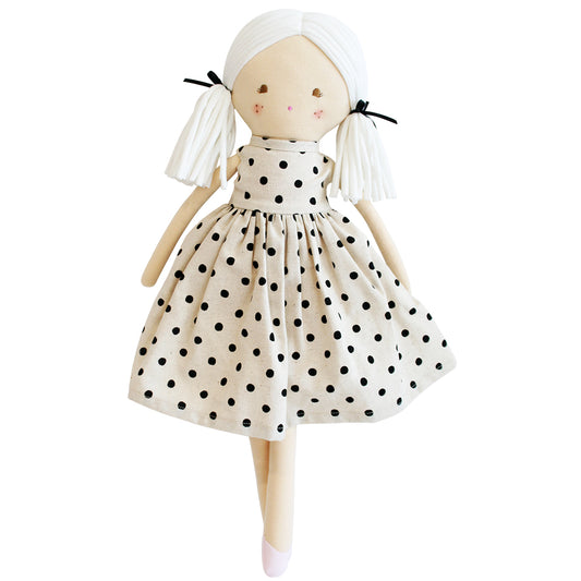 Frankie Doll 41cm in black linen spot dress, features fabric hair, embroidered face, ideal for imaginative play.