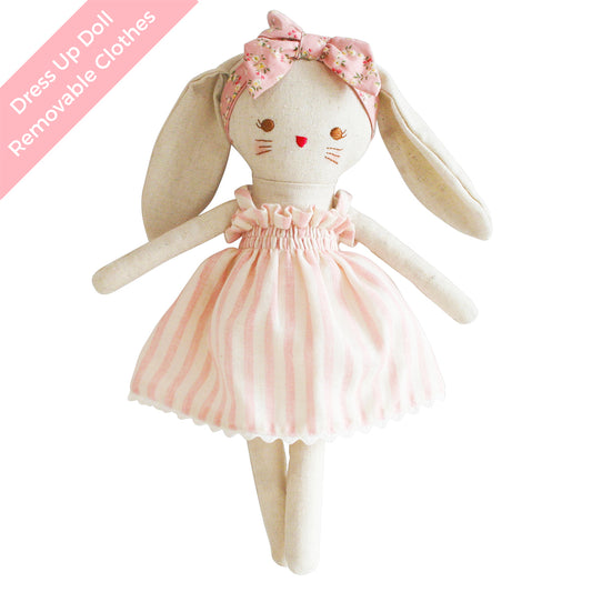 Alimrose Bopsy Bunny 26cm in pink stripe dress, a soft linen doll with removable clothes, perfect for kids.