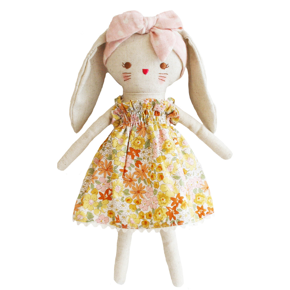 Alimrose Bopsy Bunny doll in charming floral dress with pink bow, perfect for children's play and comfort.