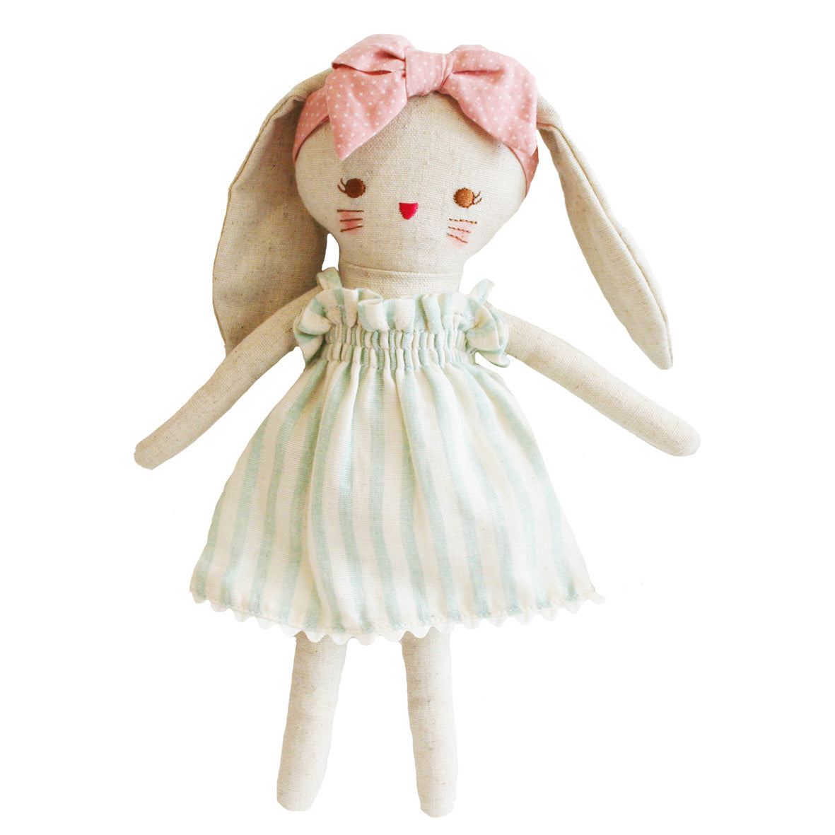 Alimrose Bopsy Bunny 26cm in a sage stripe dress, featuring a soft linen body and removable dress, perfect for kids.