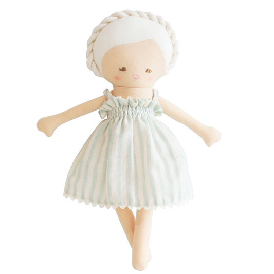 Baby Daisy Doll 28cm in sage striped dress, embroidered face, handcrafted, part of dress up doll range.