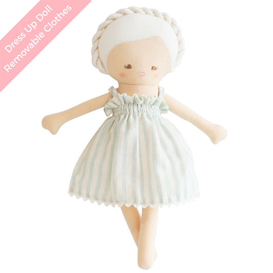 Adorable Baby Daisy Doll, 28cm Sage Stripe, with removable dress, handcrafted by artisans, perfect for dress-up fun.