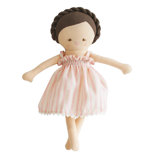 Adorable Baby Daisy Doll in a pink striped dress, handcrafted, featuring embroidered face details.