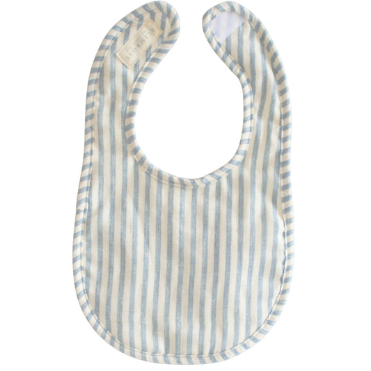Baby bib in chambray stripe pattern, made from soft double gauze fabric for comfort and mess control.