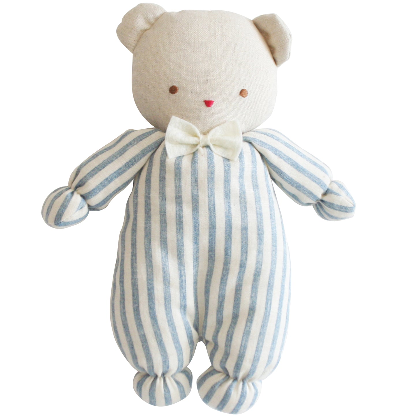 Soft 25cm Baby Ted toy in chambray stripe, made of cotton and linen, suitable for babies 3 months and up.