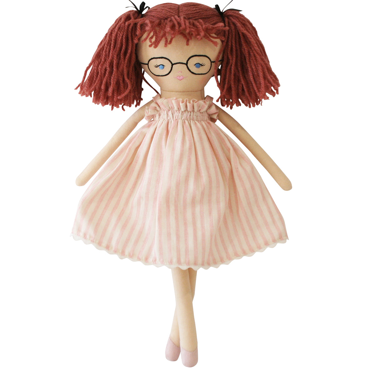 Nikki 45cm doll in pink stripe dress with yarn hair and glasses, perfect for tea parties and playtime.