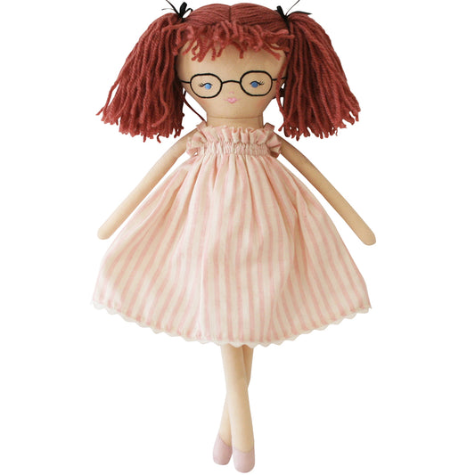 Nikki 45cm doll in pink stripe dress with yarn hair and glasses, perfect for tea parties and playtime.