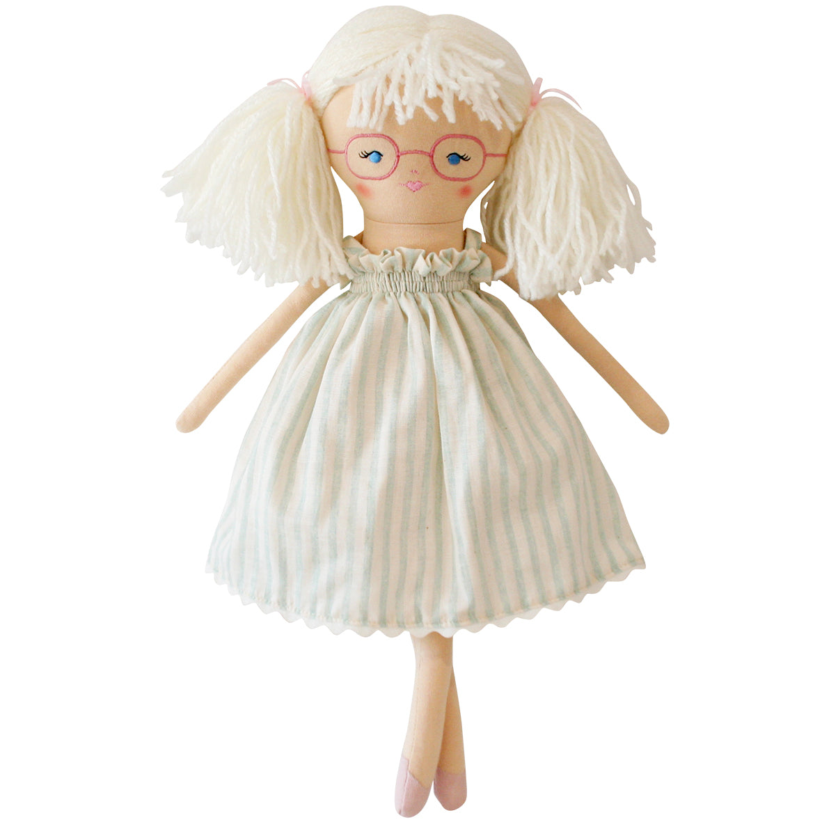 Jessi 45cm doll in sage stripe dress with piggy tails and glasses, perfect for tea parties and shopping trips.