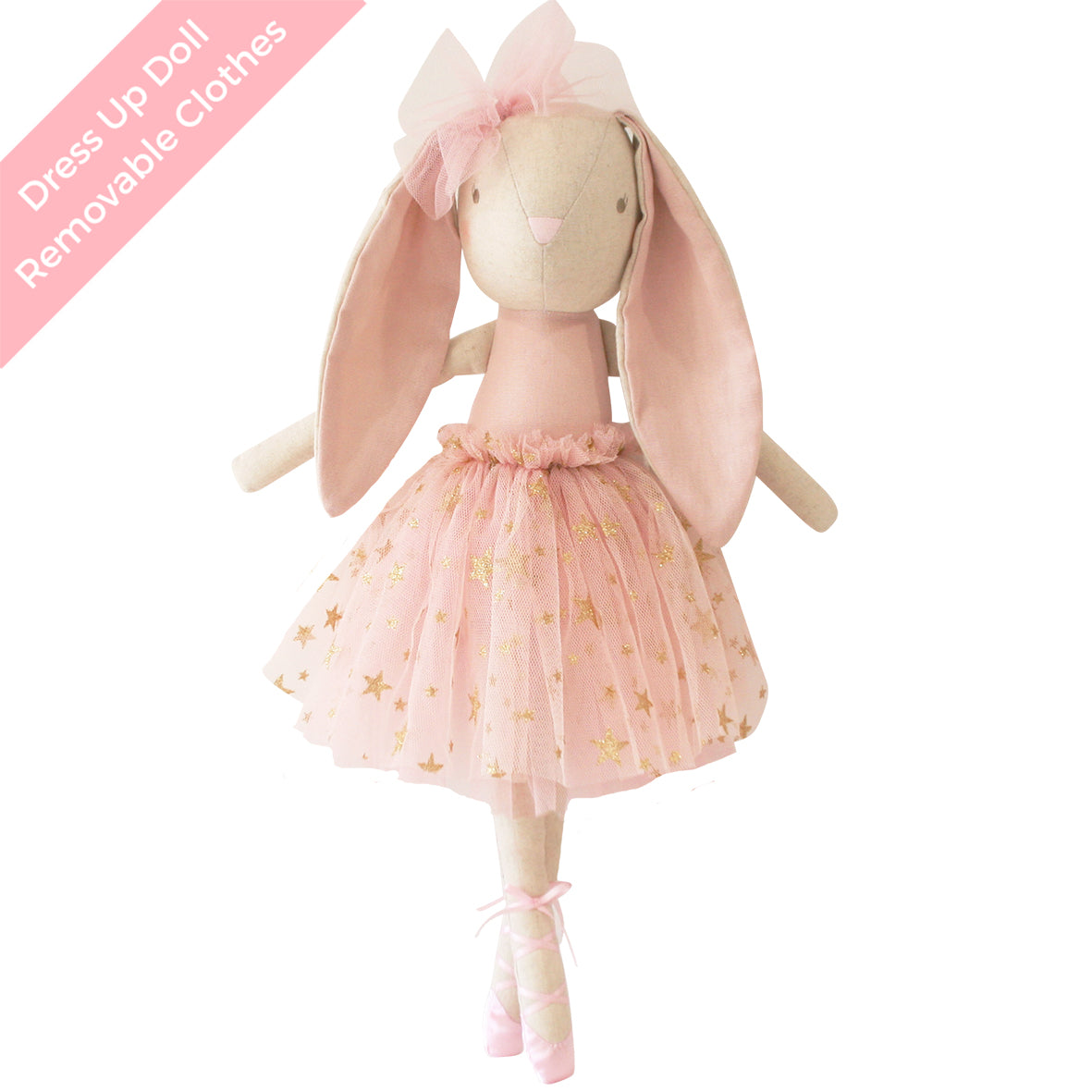 Alimrose Bronte Ballerina Bunny doll in pink tutu, perfect gift for children, featuring removable clothes and elegant design.