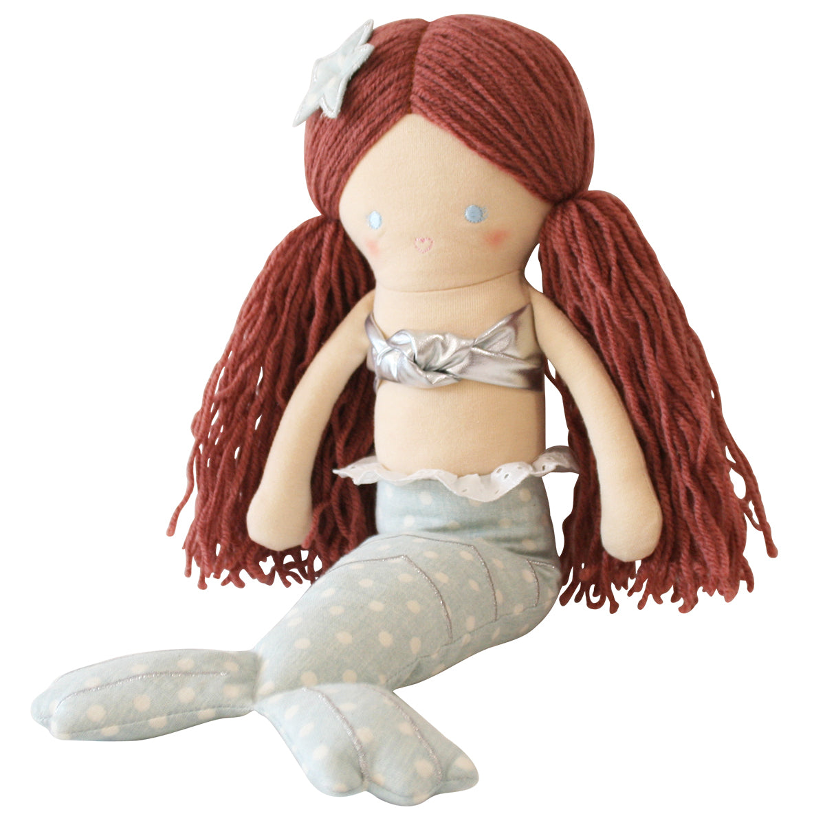 Mila Mermaid Doll 44cm with aqua polka dot tail and red yarn hair, suitable for children aged 3 and up.