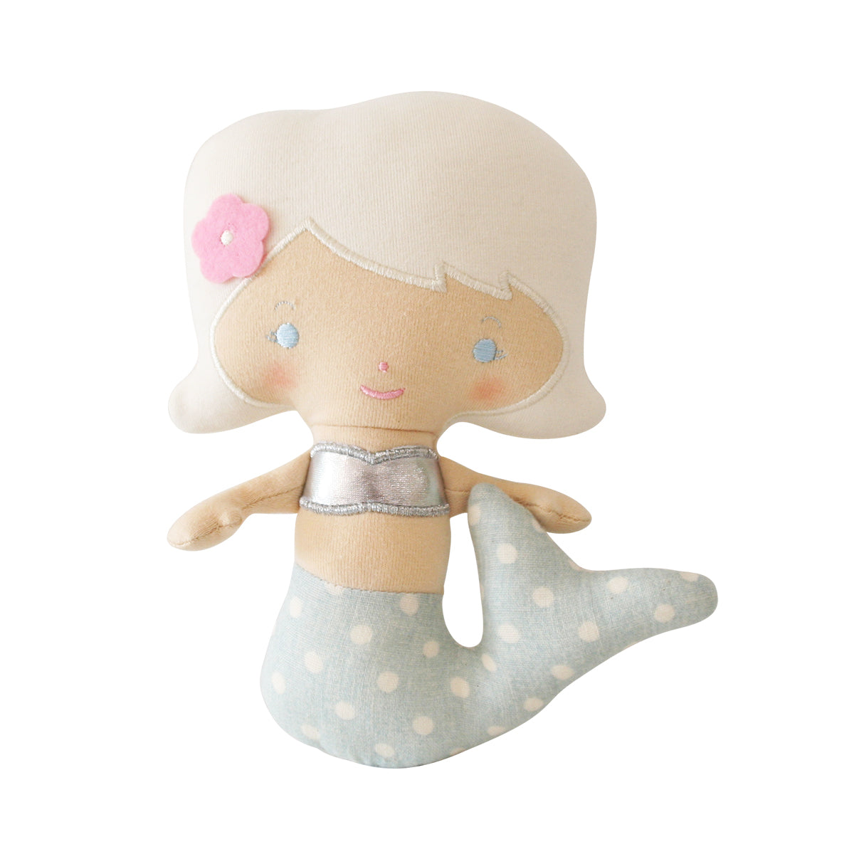 Mini Mila Mermaid rattle 19cm in aqua with spotted tail and embroidered face, perfect for gentle play.