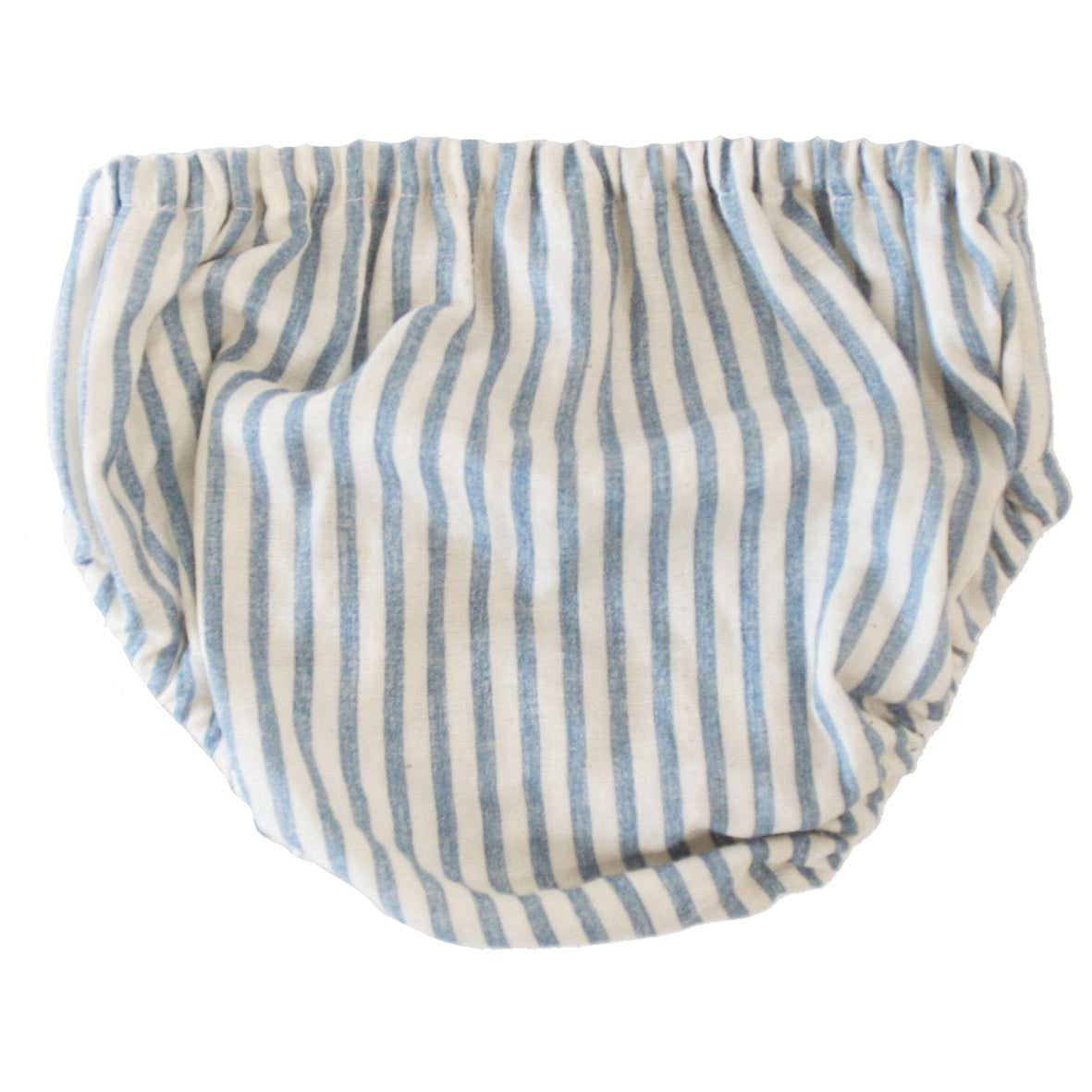 Nappy cover in chambray stripe design for 3-6 month olds, made from 100% cotton, featuring soft elastic and machine washable.