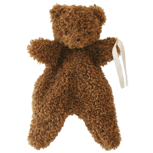 Chocolate brown plush teddy bear comforter with curly textured fabric and attached white pacifier loop.