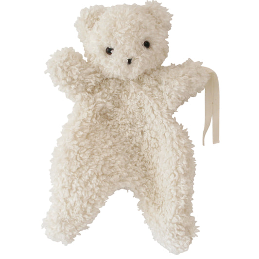 Ivory plush teddy bear comforter with curly soft fabric and black stitched eyes and nose.