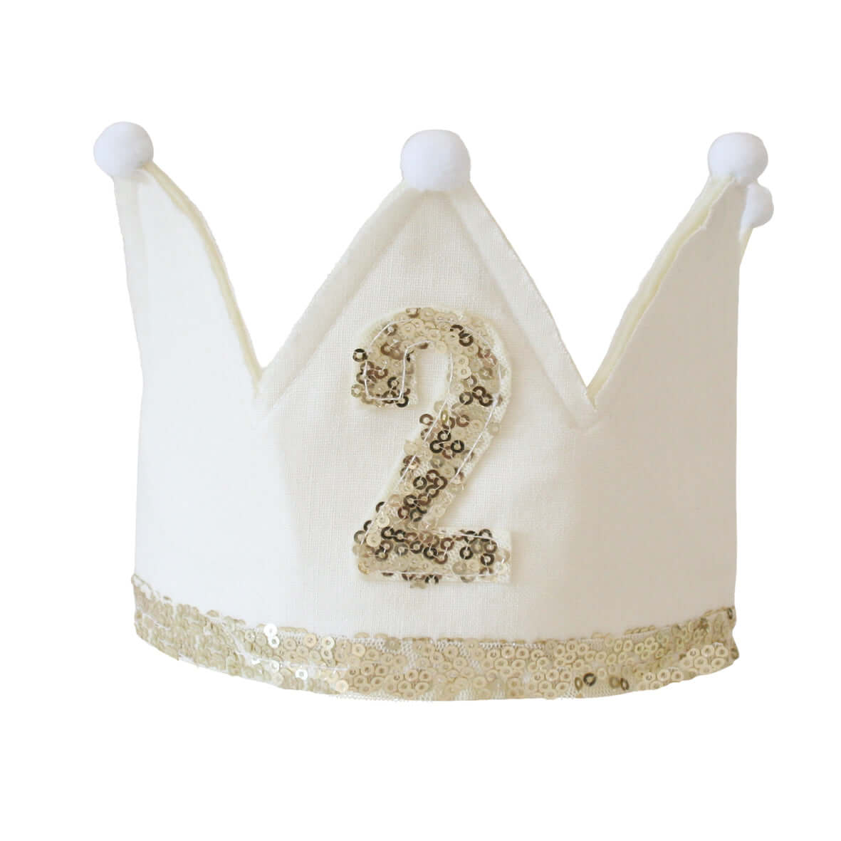 Ivory linen crown with gold sequins for a 2nd birthday celebration, featuring adjustable ribbon ties and felt details.