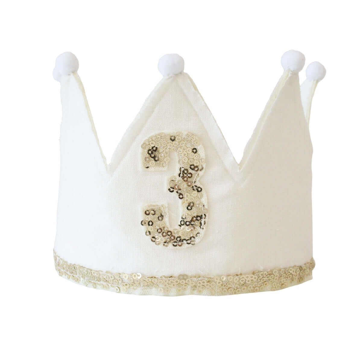 Ivory linen crown for 3rd birthday, featuring sequins, pom-poms, and ribbon ties, ideal for celebrating little ones.