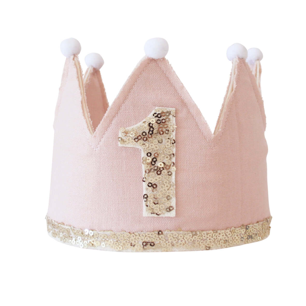 1st birthday crown in pink linen with gold sequins and pom poms, perfect for celebrating a little one's milestone.
