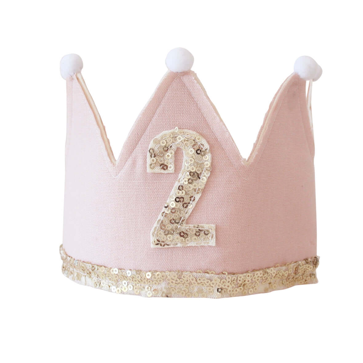 Adjustable pink linen crown with sequins for a 2nd birthday celebration, featuring ribbon ties for comfort.