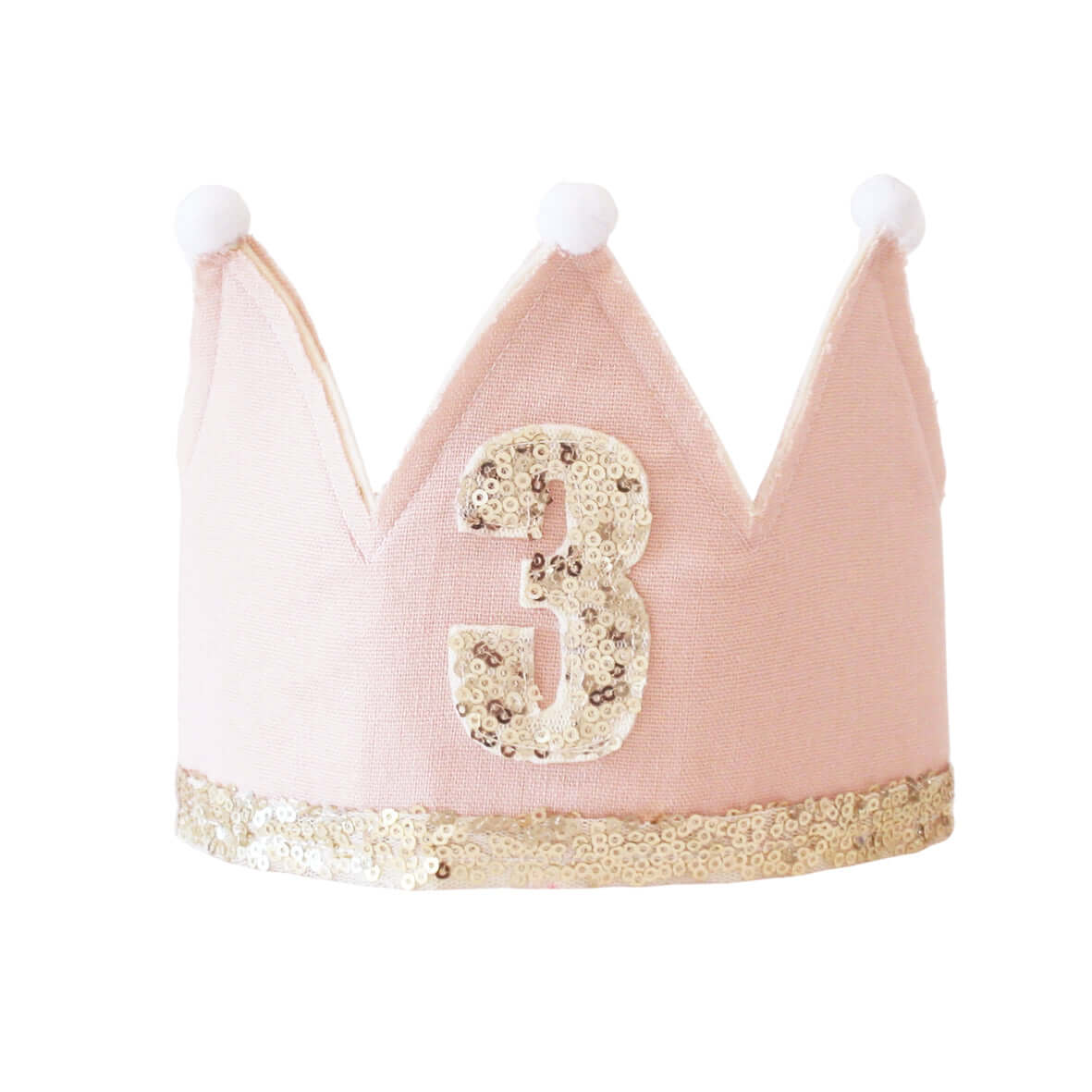 3rd birthday pink crown with sequins and pom poms, perfect for celebrating little ones in style.
