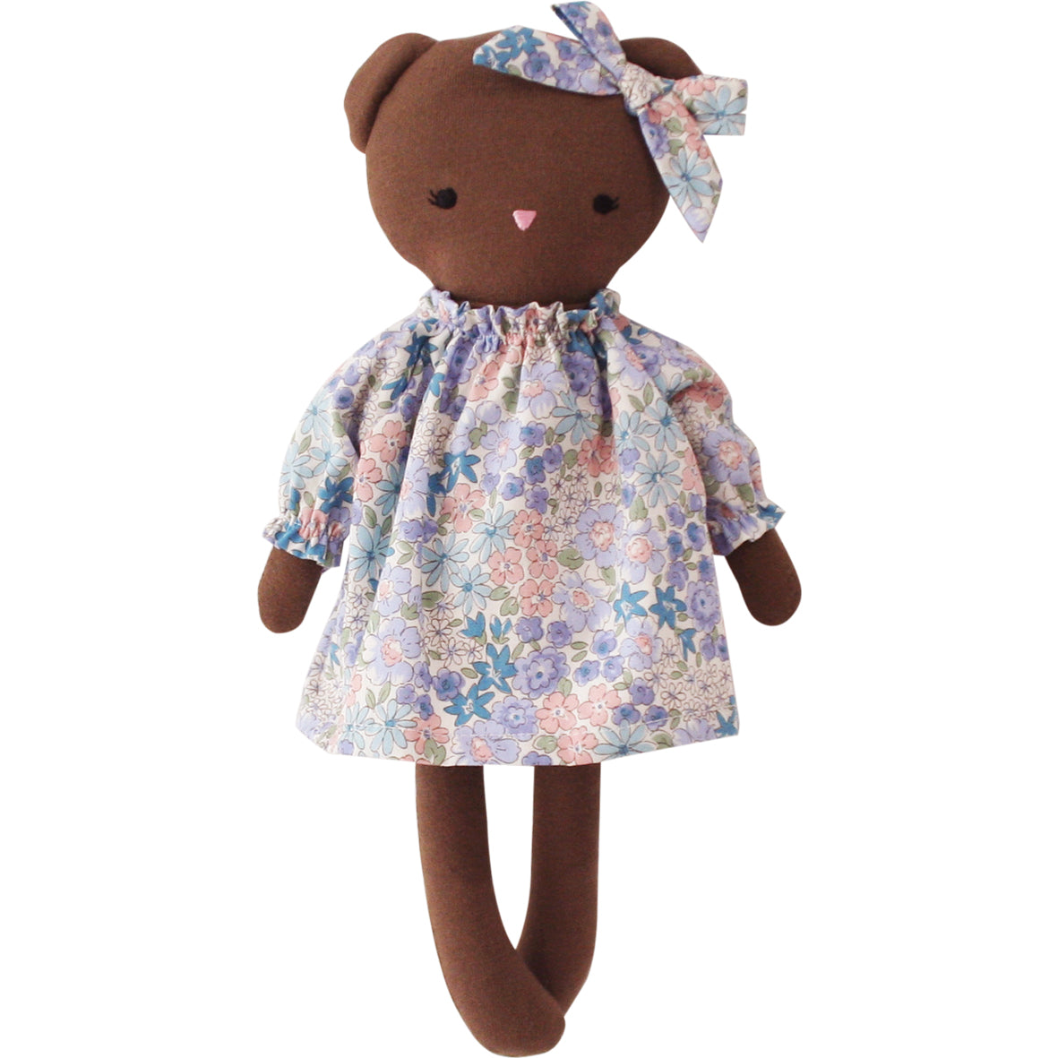 Twiggy Teddy 29cm dressed in Liberty Blue floral dress, handcrafted doll with removable outfit, perfect for dress-up fun.