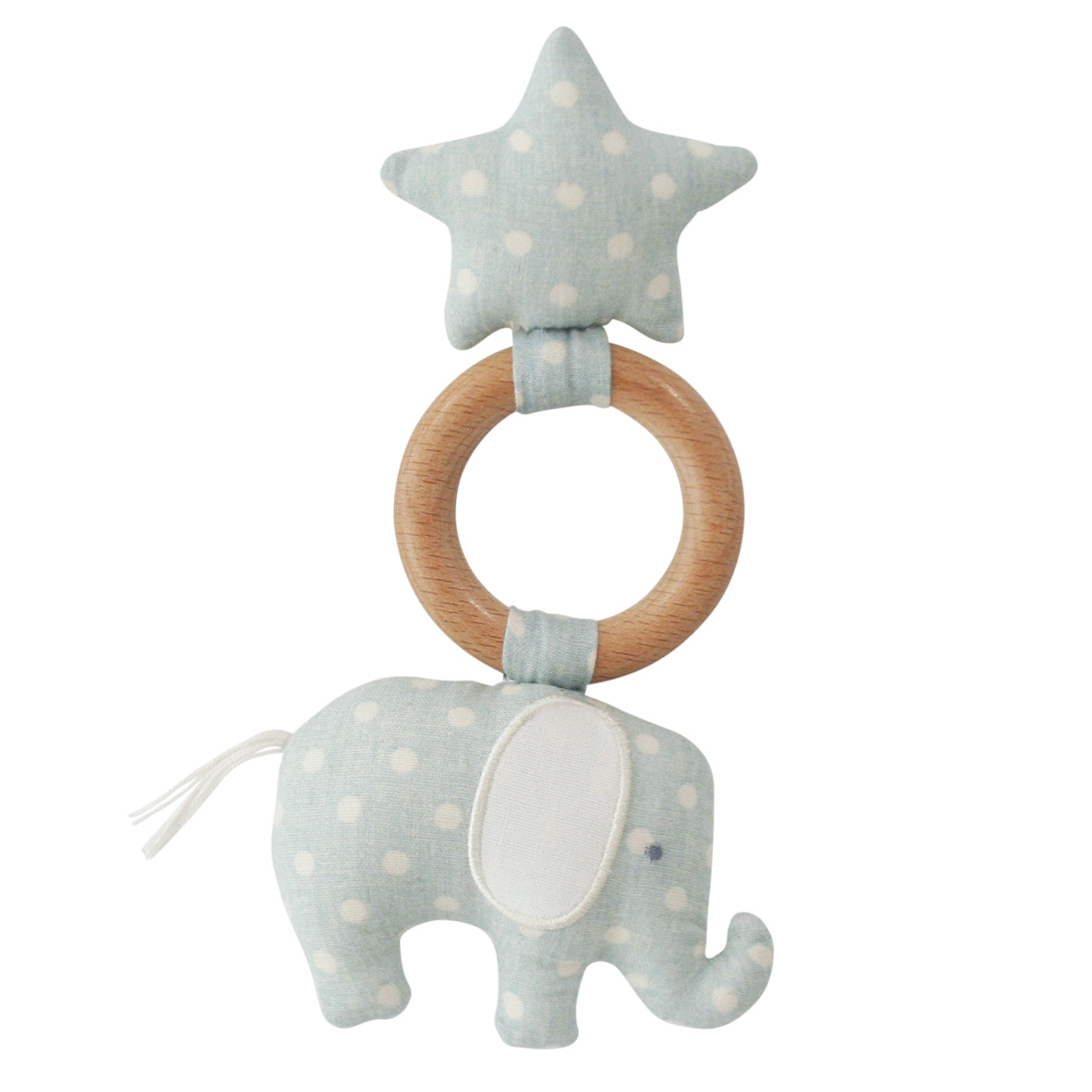 Elephant Star Teether in Duck Egg Blue with beechwood ring and cotton fabric, safe for babies from 3 months.