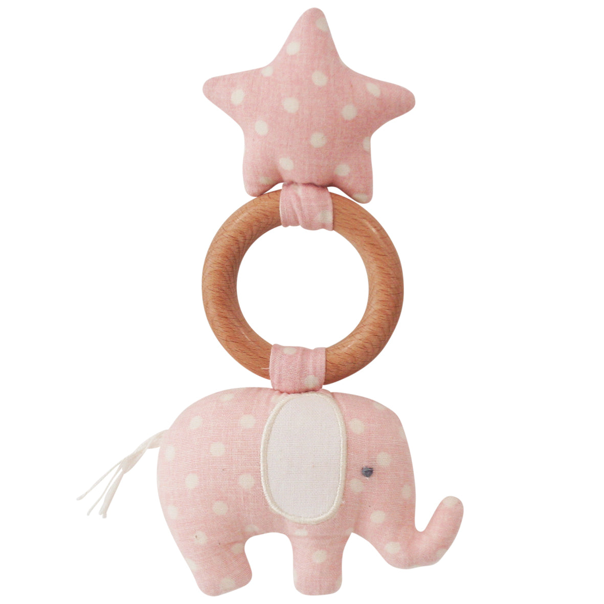 Elephant star teether in pink and white with beechwood ring, safe for infants, perfect for soothing teething discomfort.
