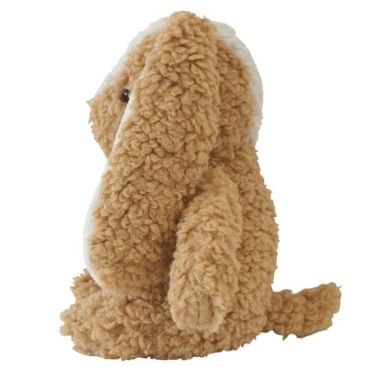 Parker Puppy plush toy in soft caramel sherpa fur, 30cm tall, perfect for cuddles and suitable from birth.