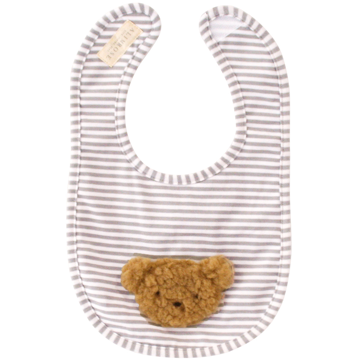 Sherpa bear bib in caramel color with striped design, cute applique, Velcro fasten, and machine washable for easy care.