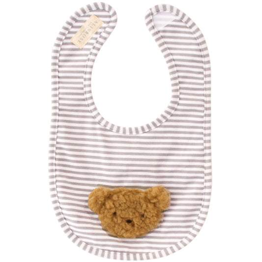 Sherpa bear bib in caramel color with striped design, cute applique, Velcro fasten, and machine washable for easy care.