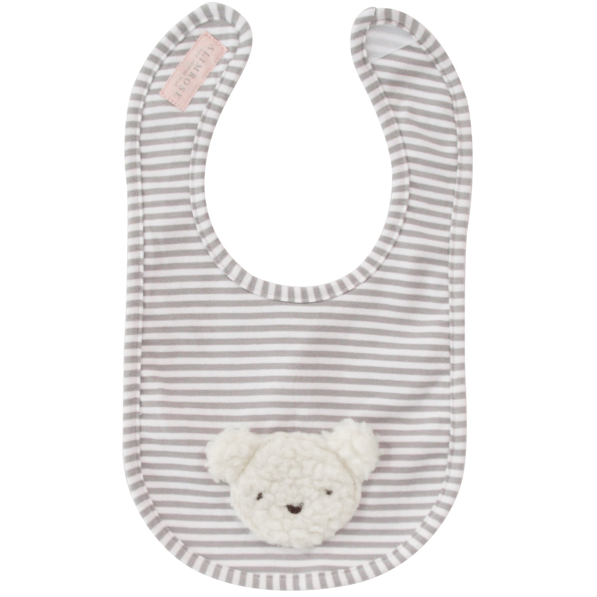 Sherpa bear bib in ivory with striped design and cute bear applique, perfect for mealtime, machine washable, and safe Velcro closure.