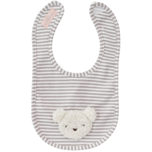 Sherpa bear bib in ivory with striped design and cute bear applique, perfect for mealtime, machine washable, and safe Velcro closure.