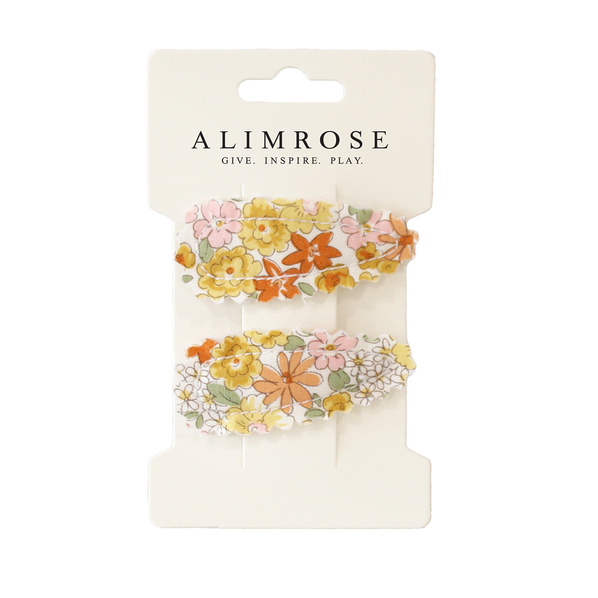 Alimrose hair clip set featuring floral patterns in sweet marigold colors, perfect for kids' hairstyles.