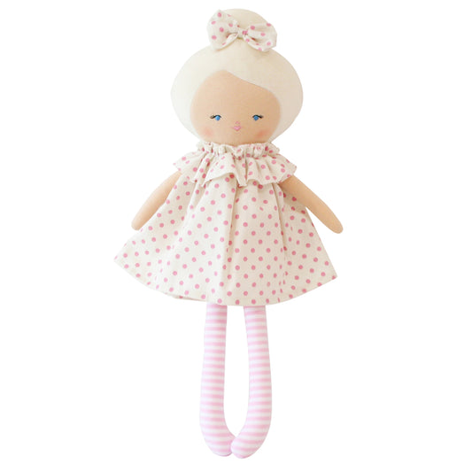 Harper Doll 43cm in berry polka dress, perfect for cuddles and imaginative play for kids.