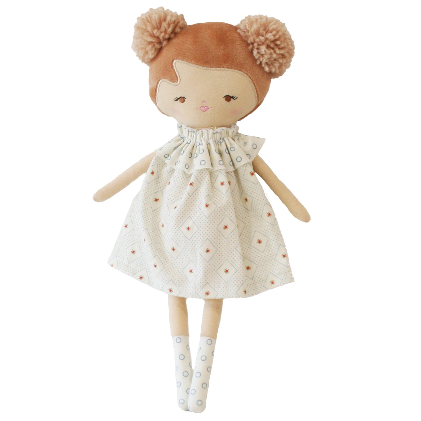 Layla 35cm blue rose doll with playful charm, dressed in a patterned dress and pom-pom hairstyle, perfect for imaginative play.