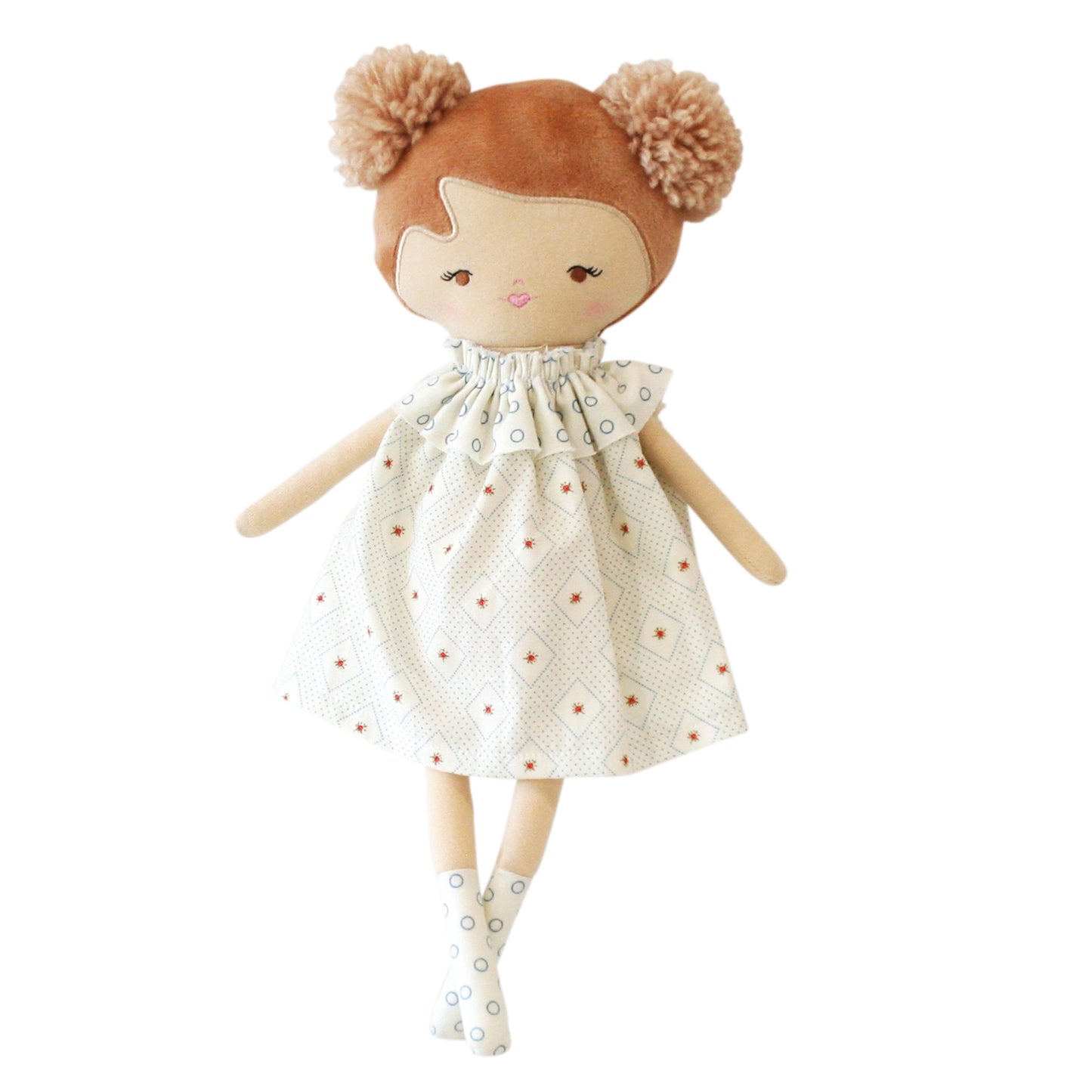 Layla 35cm blue rose doll dressed in a patterned dress with cute pom-pom hairstyle, perfect for playtime adventures.