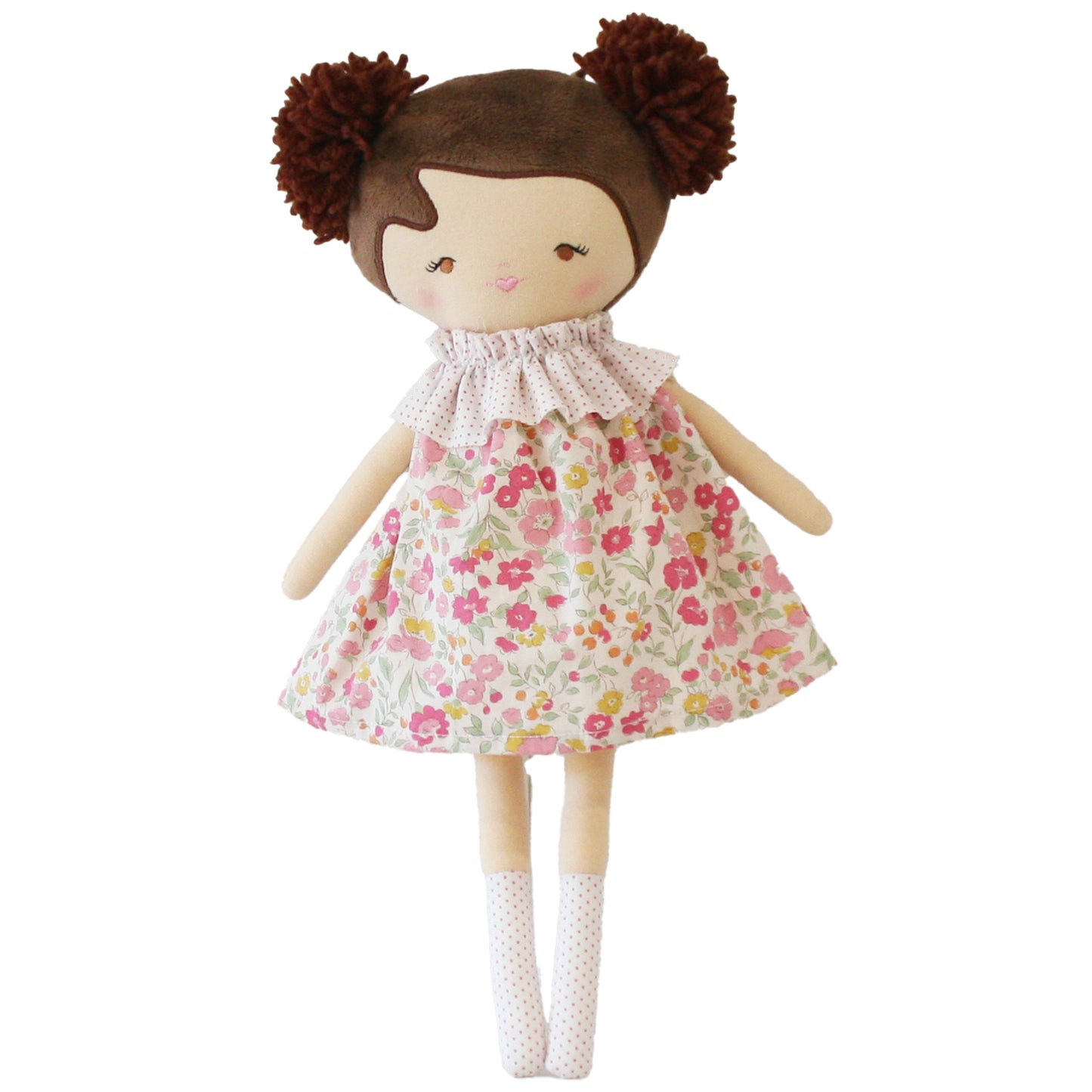 Layla doll 14 inches in floral dress with puffy brown hair, perfect for hugs and imaginative play.