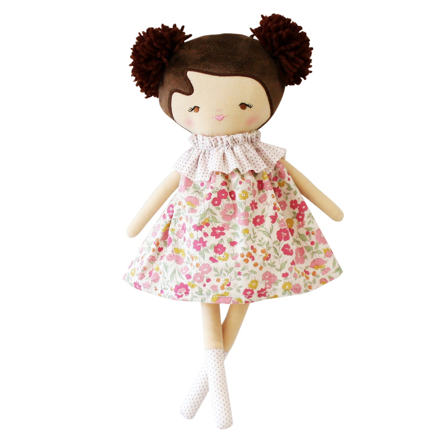 Layla 35cm doll with floral dress and pom-pom hair, perfect companion for imaginative play and hugs.