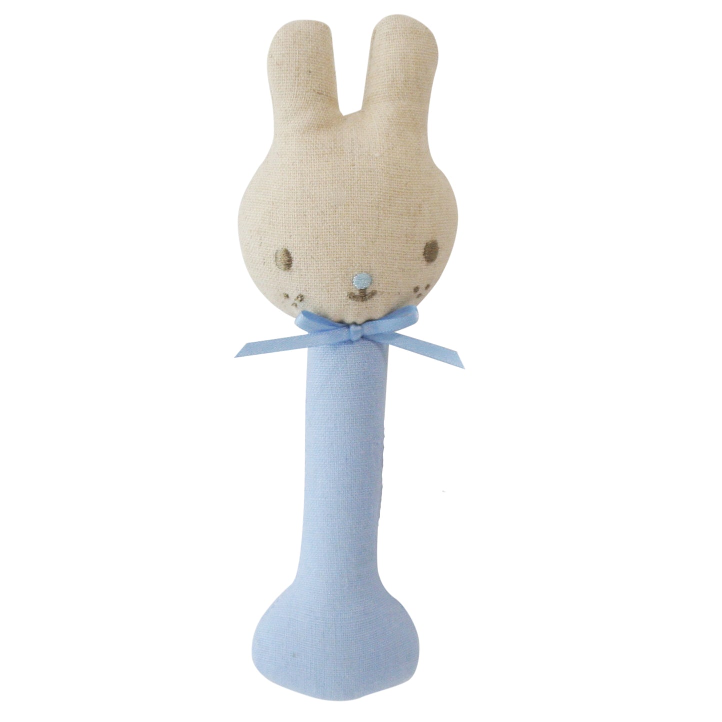 Alimrose Linen Bunny Stick Rattle in blue, a safe and cute first rattle for babies, perfect for tiny hands.